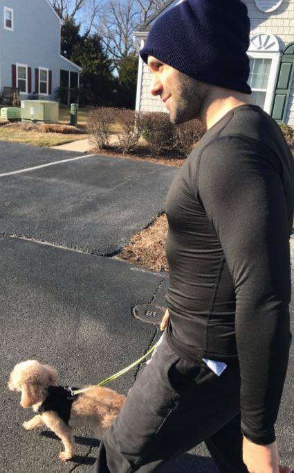 me walking the dog in my winterized compression shirt